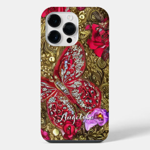 Coque Pour Pour iPhone 14 Pro Max Papillon floral rouge et or Nom personnalisé