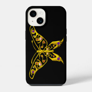 Coque Pour iPhone 14 PAPILLON HYPER EN OR AVEC PIERRES PRÉCIEUSES Noir