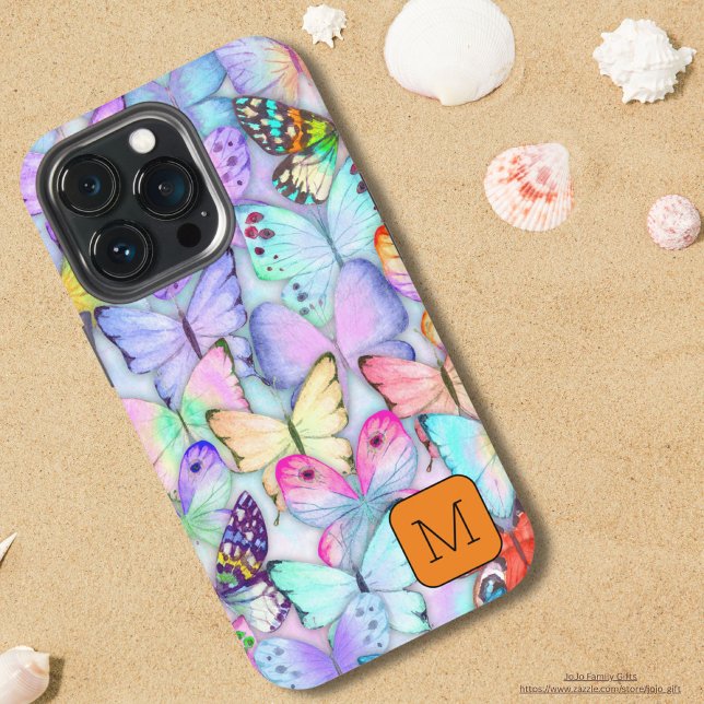 Coque iPhone Papillon initial en aquarelle violette et orange (Colorful butterflies phone cases. Gradient color butterfly pattern phone case for her.)