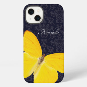 Etui iPhone 13 Papillon Jaune Élégant Damassé Noir Ajouter Nom