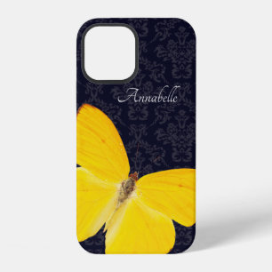 Coque iPhone 12 Papillon jaune élégant Damassé noir Ajouter un nom