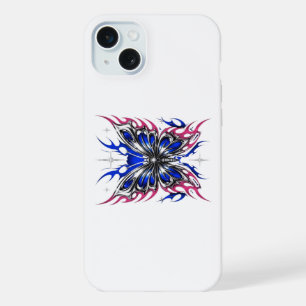 Coque iPhone 15 Plus Papillon métallique bleu rose flammes – Gothique