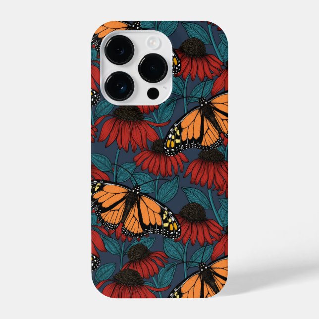 Coque iPhone Papillon monarque sur des fleurs rouges (Verso)