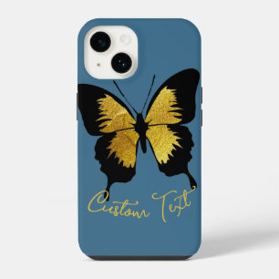 COQUE POUR iPhone 14 PAPILLON NOIR OR PERSONNALISÉE ÉCRITURE DENIM BLEU