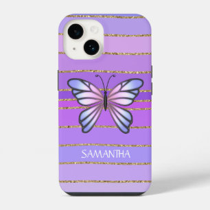 Coque Pour iPhone 14 Papillon rayé violet or rose prénom de fille