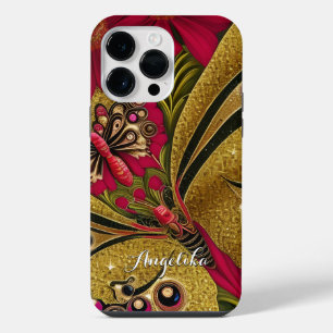 Coque Pour Pour iPhone 14 Pro Max Papillon rouge et or de luxe Nom personnalisé