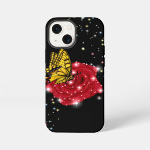 Etui iPhone 13 Mini Papillon sur rose rouge