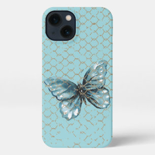 Etui iPhone 13 Papillon turquoise dans la conception de clôture d