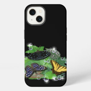 Etui iPhone 13 Papillons avec Feuilles Gouttes de Pluie Étoiles