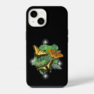 Coque Pour iPhone 14 Papillons avec Feuilles Gouttes de Pluie Étoiles