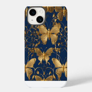 Coque Pour iPhone 14 Papillons bleus métalliques avec Vins d'or