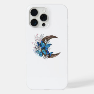 Coque iPhone 15 Pro Max Papillons bleus sur croissant en bois