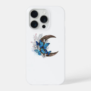 Coque iPhone 15 Pro Papillons bleus sur croissant en bois
