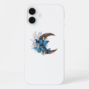 Coque iPhone 16 Plus Papillons bleus sur croissant en bois