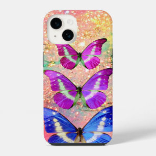 COQUE POUR iPhone 14 PAPILLONS BLEUS VIOLETS ROSES DANS DES ÉTOINCELLES