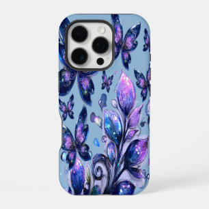 Coque iPhone 16 Pro Papillons de scintillement cosmique bleu