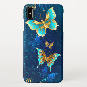 Coque iPhone XS Max Papillons d'or sur un Arrière - plan bleu