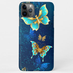 Coque iPhone 11Pro Max Papillons d'or sur un Arrière - plan bleu