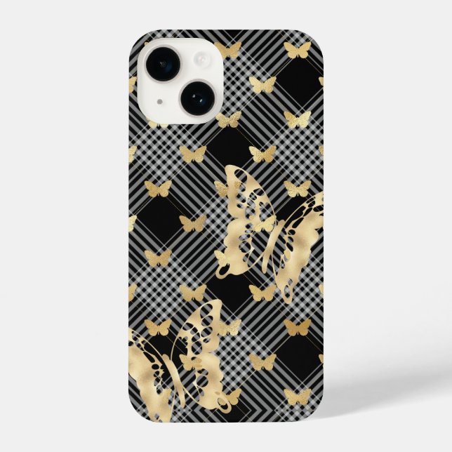 Coque iPhone Papillons dorés noirs Plaid iPhone 14 Coques (Verso)