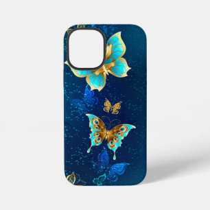 Coque iPhone 12 Mini Papillons dorés sur fond bleu