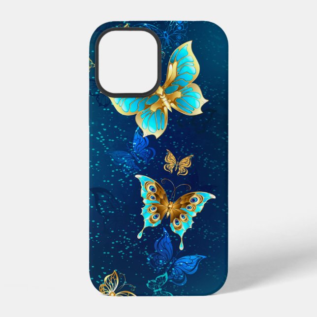 Coque iPhone Papillons dorés sur fond bleu (Verso)