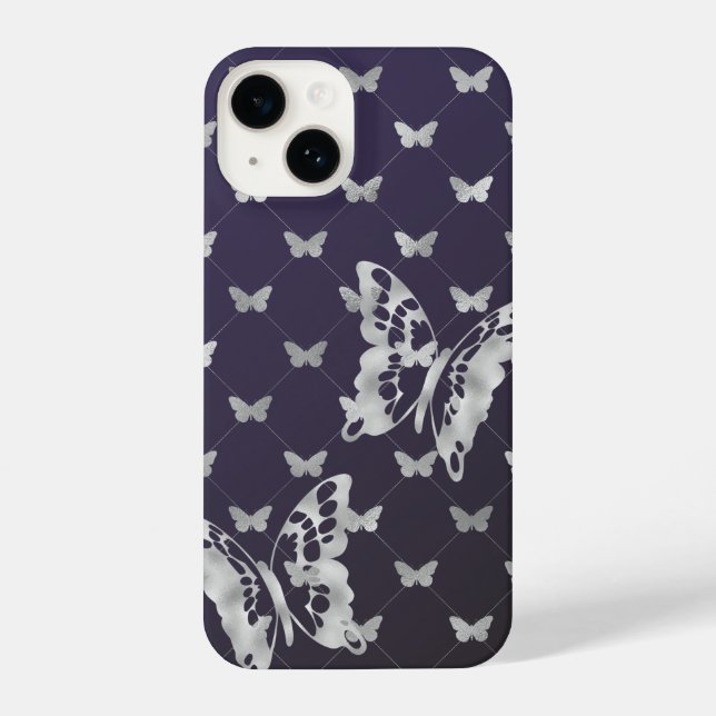 Coque iPhone Papillons en argent violet noir iPhone 14 Coques (Verso)
