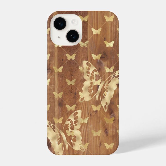 Coque iPhone Papillons en bois doré iPhone 14 Coque (Verso)