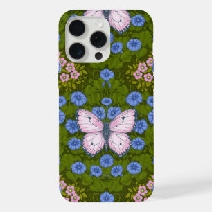 Coque iPhone 15 Pro Max Papillons et fleurs symétrie, bleu et rose