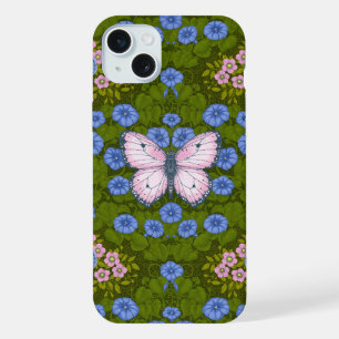 Coque iPhone 15 Plus Papillons et fleurs symétrie, bleu et rose