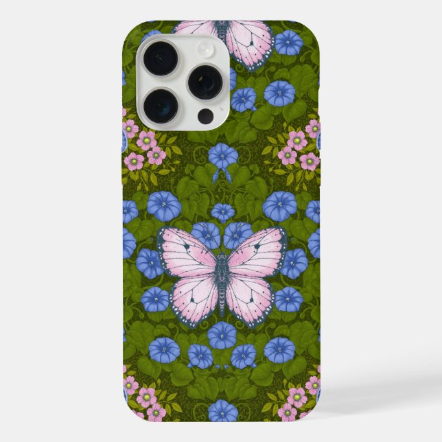 Coque iPhone Papillons et symétrie des fleurs, bleu et rose (Verso)