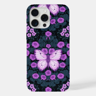 Coque iPhone 15 Pro Max Papillons et symétrie des fleurs, violet et bleu