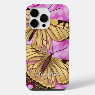 Coque Pour Pour iPhone 14 Pro Max Papillons Jaunes, Fleurs Roses Nom Personnalisé