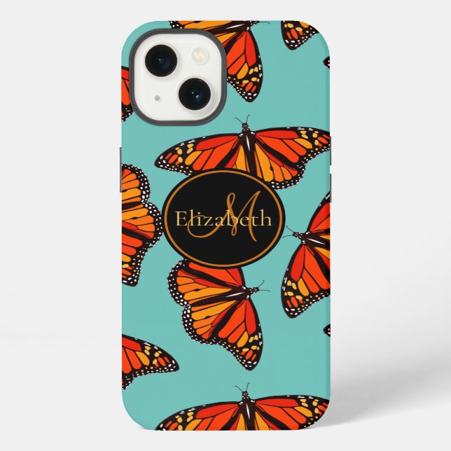 Coque iPhone Papillons monarques motif sarcelle clair monogramm (Verso)