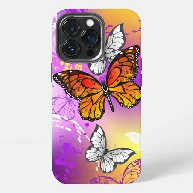 Coque iPhone Papillons monarques sur fond violet (Dos)