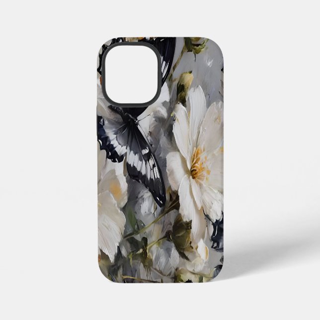 Coque iPhone Papillons noirs et blancs sur des fleurs blanches, (Verso)