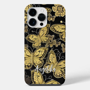 Coque Pour Pour iPhone 14 Pro Max Papillons noirs et dorés avec nom personnalisé