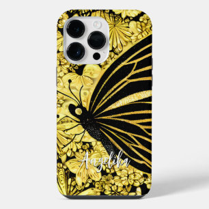 Coque Pour Pour iPhone 14 Pro Max Papillons noirs et dorés Nom personnalisé