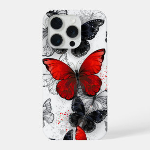 Coque iPhone 15 Pro Papillons noirs et rouges volants