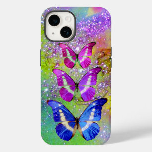 COQUE POUR iPhone 14 PAPILLONS ROSE VIOLET BLEU, PAILLETTES VERTES DORÉ