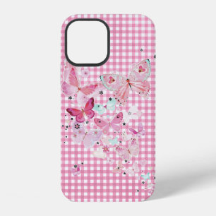 Coque iPhone 12 Papillons sur gingham rose