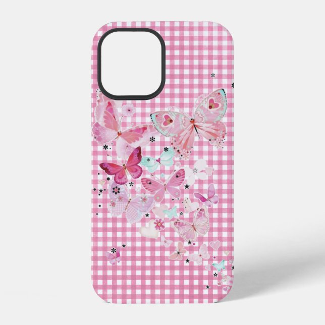 Coque iPhone Papillons sur gingham rose (Verso)