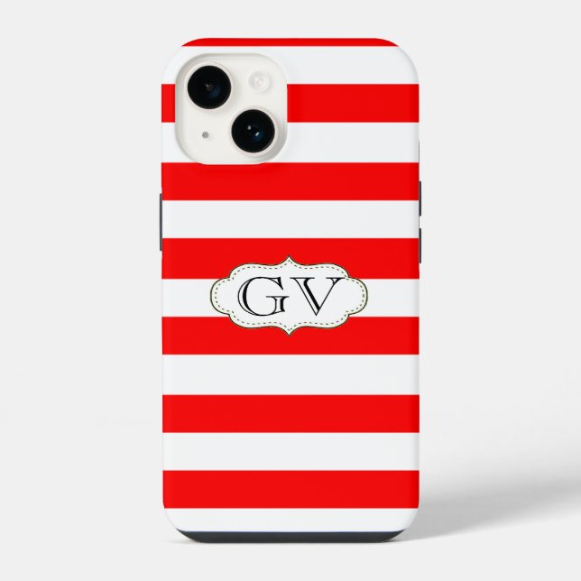 Coque iPhone Paraphe fraise rouge et blanc rayé Initiales Monog (Verso)
