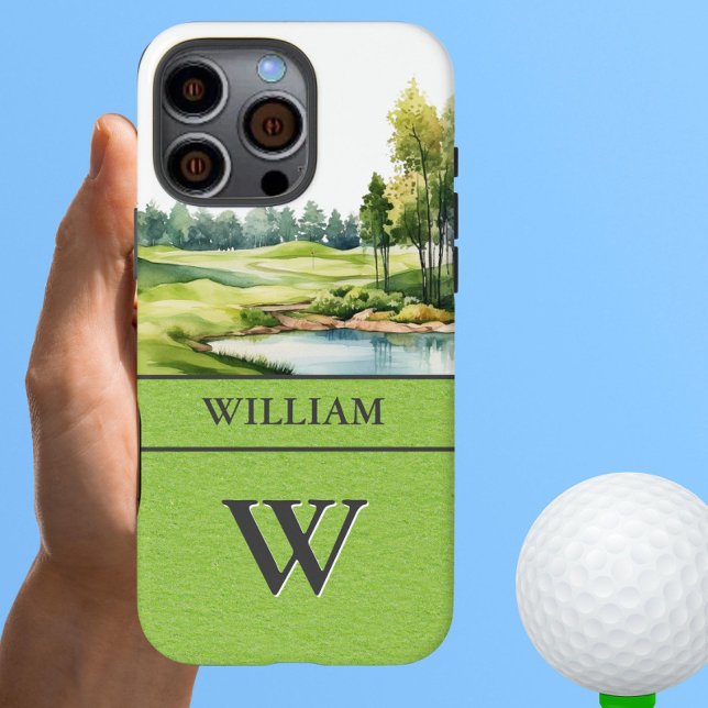 Coque iPhone Parcours de golf pittoresque Nom du monogramme (Créateur téléchargé)