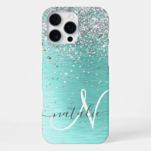 Coque iPhone 16 Pro Max Parties scintillant argentée turquoise en métal br