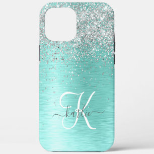 Coque iPhone 12 Pro Max Parties scintillant argentée turquoise en métal br