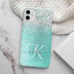 Coque Pour iPhone 14 Parties scintillant argentée turquoise en métal br<br><div class="desc">Personnalisez facilement ce design branché de boîtier de téléphone chic avec une jolie parties scintillant brillante en argent sur un arrière - plan métallique brossé turquoise.</div>