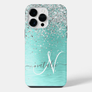 Coque Pour Pour iPhone 14 Pro Max Parties scintillant argentée turquoise en métal br