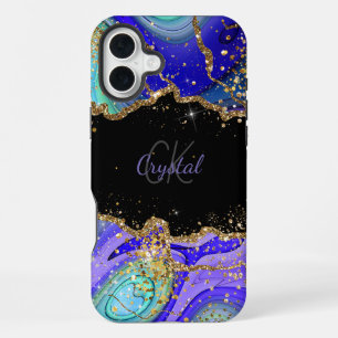 Coque iPhone 16 Plus Parties scintillant bleue moderne Agate Nom du mon