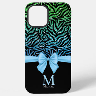 Coque iPhone 12 Pro Max Parties scintillant bleue Ombre Zebra Stripes Bow