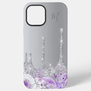 Coque iPhone 12 Pro Max parties scintillant d'argent fleuri pourpre au mon